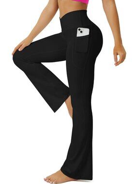 Women's Black Crossover High Waisted Imported Pull On Flare Bootcut Yoga Pants